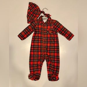LITTLE ME - 6 Month Holiday Red Plaid flannel footie sleeper with Hat-So cute❣️